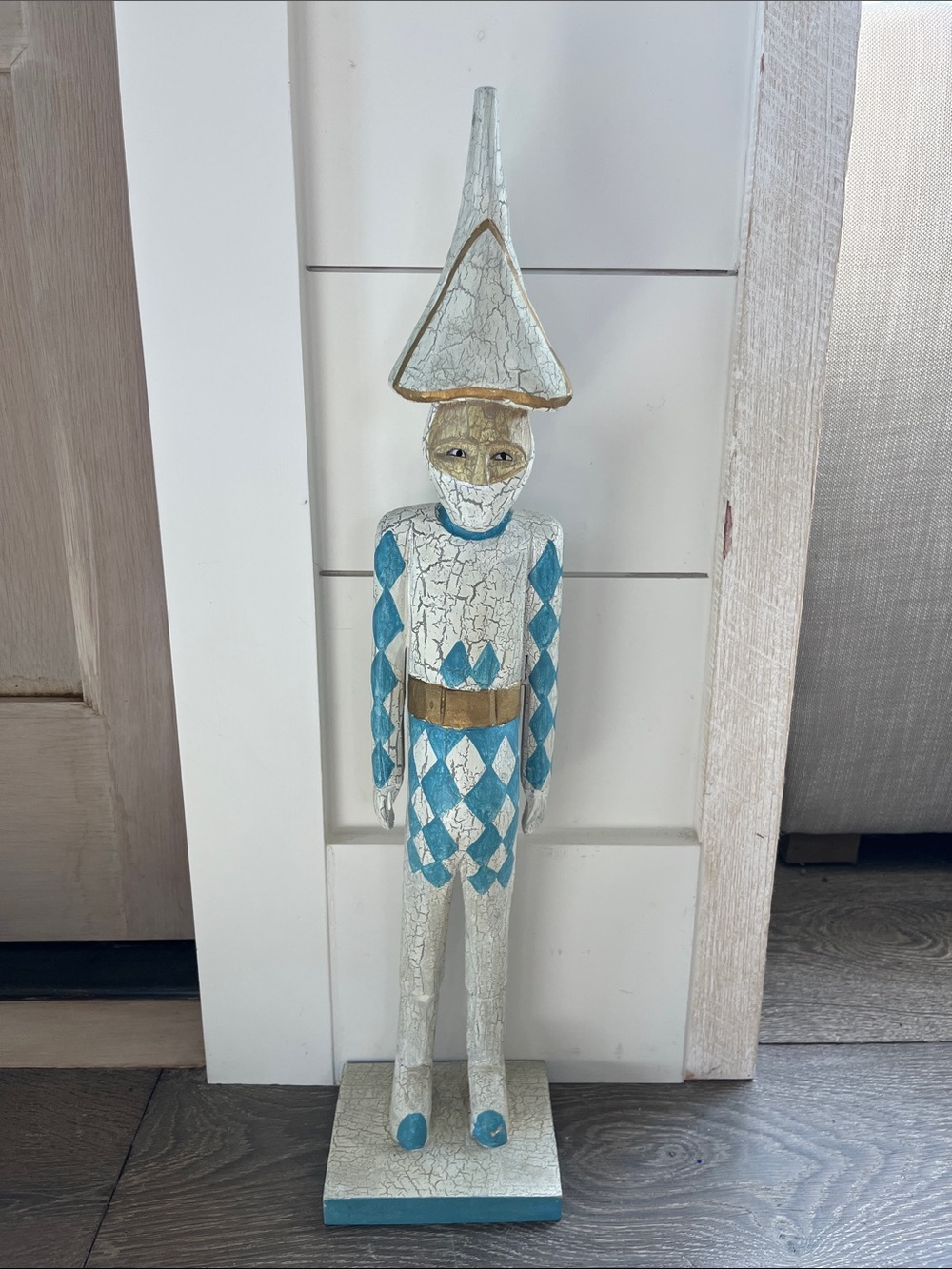 Vintage Large Handcrafted Harlequin Man Statue White Blue Gold McKenzie Childs